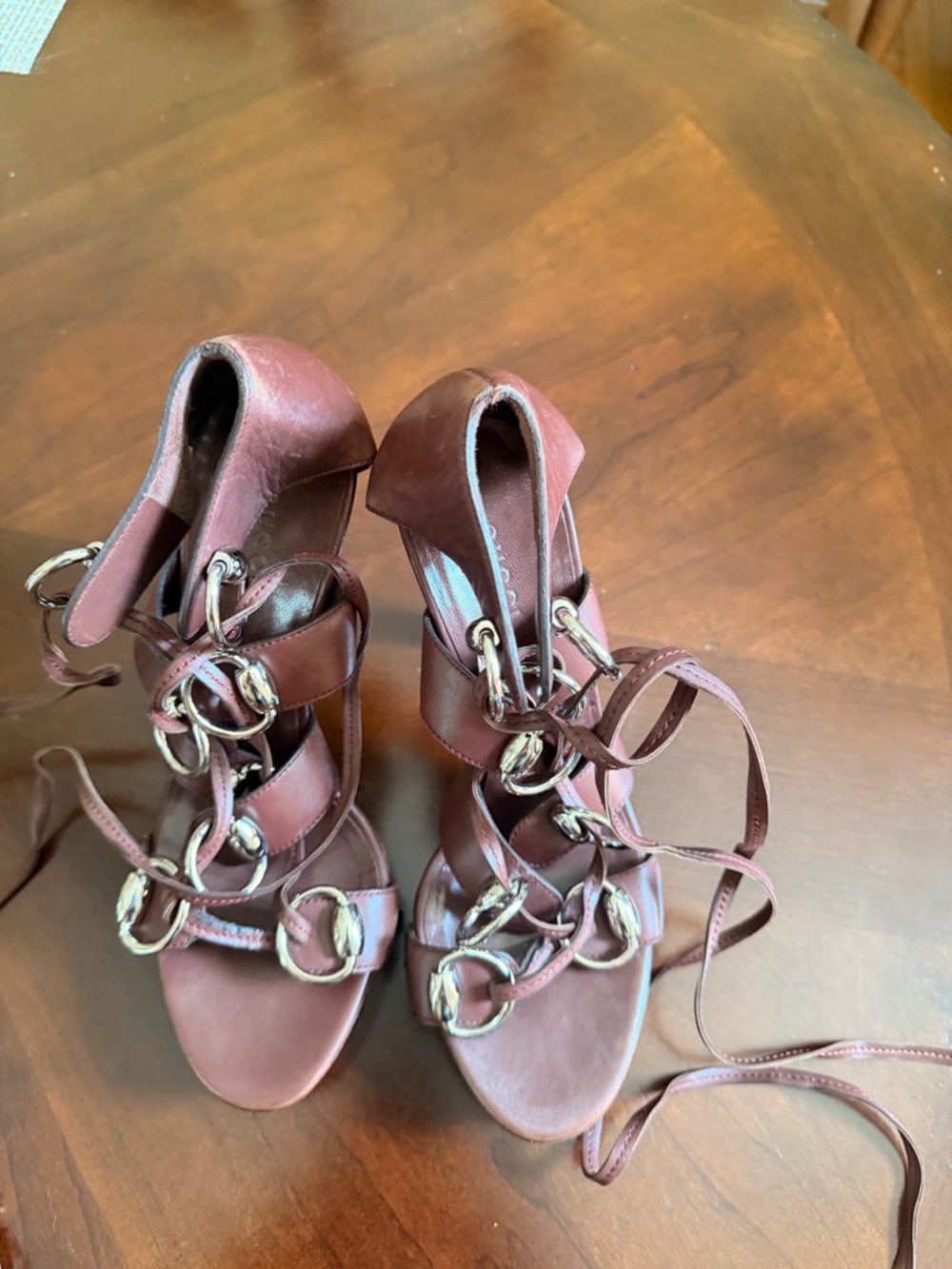 Gucci Wine Red Leather Lace-Up Heels with Silver Ring Details